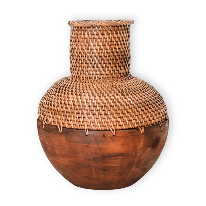 Boho-Dekorvase Kamari – Rattanvase für Trockenblumen (Ø 22 cm) | Braun